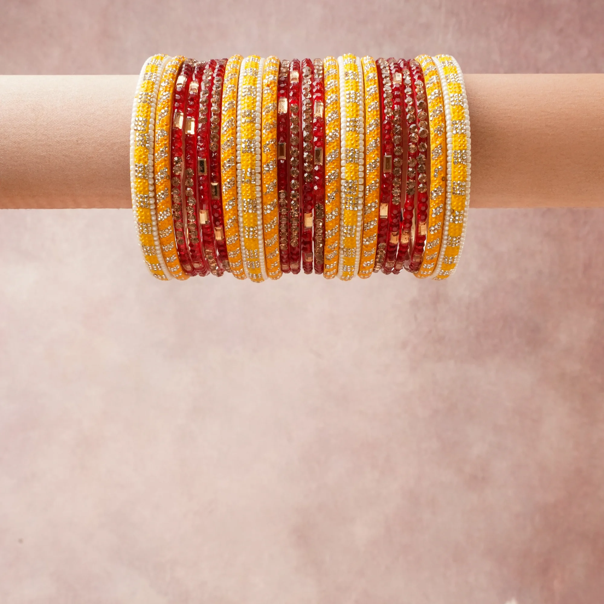 A majestic Marigold Yellow set, complemented by  featuring Lacquer/Resin, Glass, Faux Pearls, Gold-Toned Rhinestones.
Rich, ceremonial, and designed to be passed through generations.